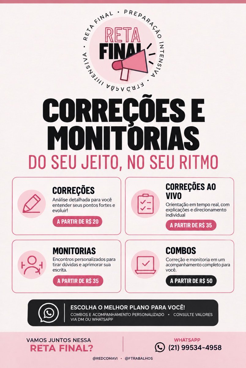 FTRABALHOS's tweet photo. A reta final chegou, mas isso não significa que você precisa fazer tudo sozinho. 

Se você ainda sente dificuldade para organizar suas ideias, desenvolver argumentos ou entender por que perde pontos, esse é o momento de buscar orientação. Vem! 

WhatsApp: (21) 99534-4958 https://t.co/CB6fhwvMSM
