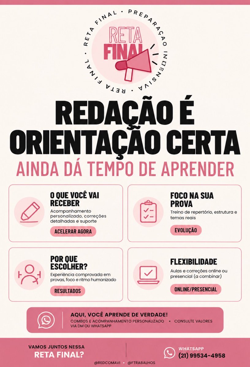 FTRABALHOS's tweet photo. A reta final chegou, mas isso não significa que você precisa fazer tudo sozinho. 

Se você ainda sente dificuldade para organizar suas ideias, desenvolver argumentos ou entender por que perde pontos, esse é o momento de buscar orientação. Vem! 

WhatsApp: (21) 99534-4958 https://t.co/CB6fhwvMSM