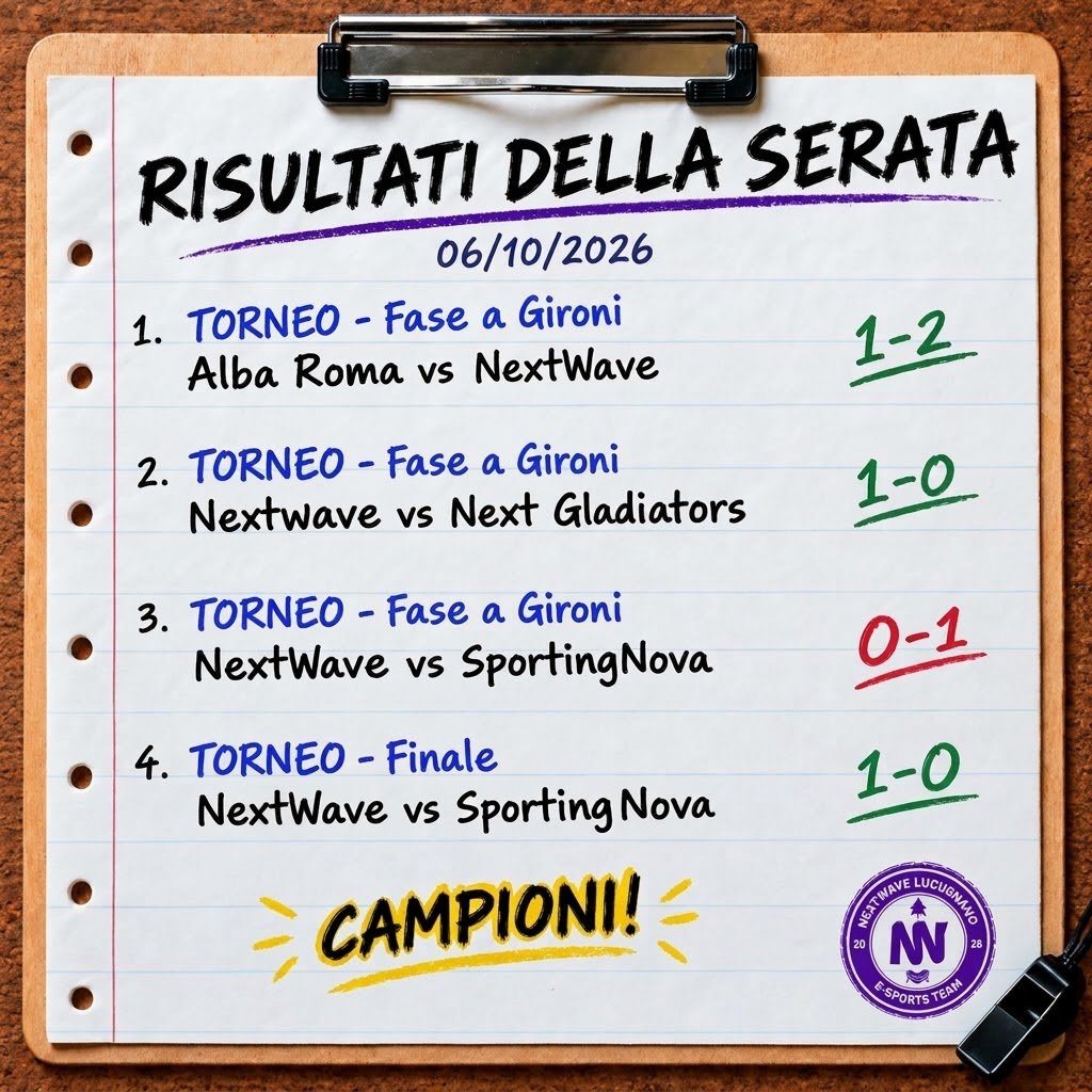 nextwavelucu_et's tweet photo. 𝗥𝗜𝗦𝗨𝗟𝗧𝗔𝗧𝗜 𝗗𝗘𝗟𝗟𝗔 𝗦𝗘𝗥𝗔𝗧𝗔!  ✍🏻

Questa sera la squadra è stata impegnata in un Torneo che, con la determinazione e spirito di squadra, ci ha visto Vincitori! 🏆

Tutti i Risultati delle partite disputate qui sotto ⤵️

STAY TUNED...
#GoNWLeSports 🤍💜 https://t.co/KqV2DI65dq