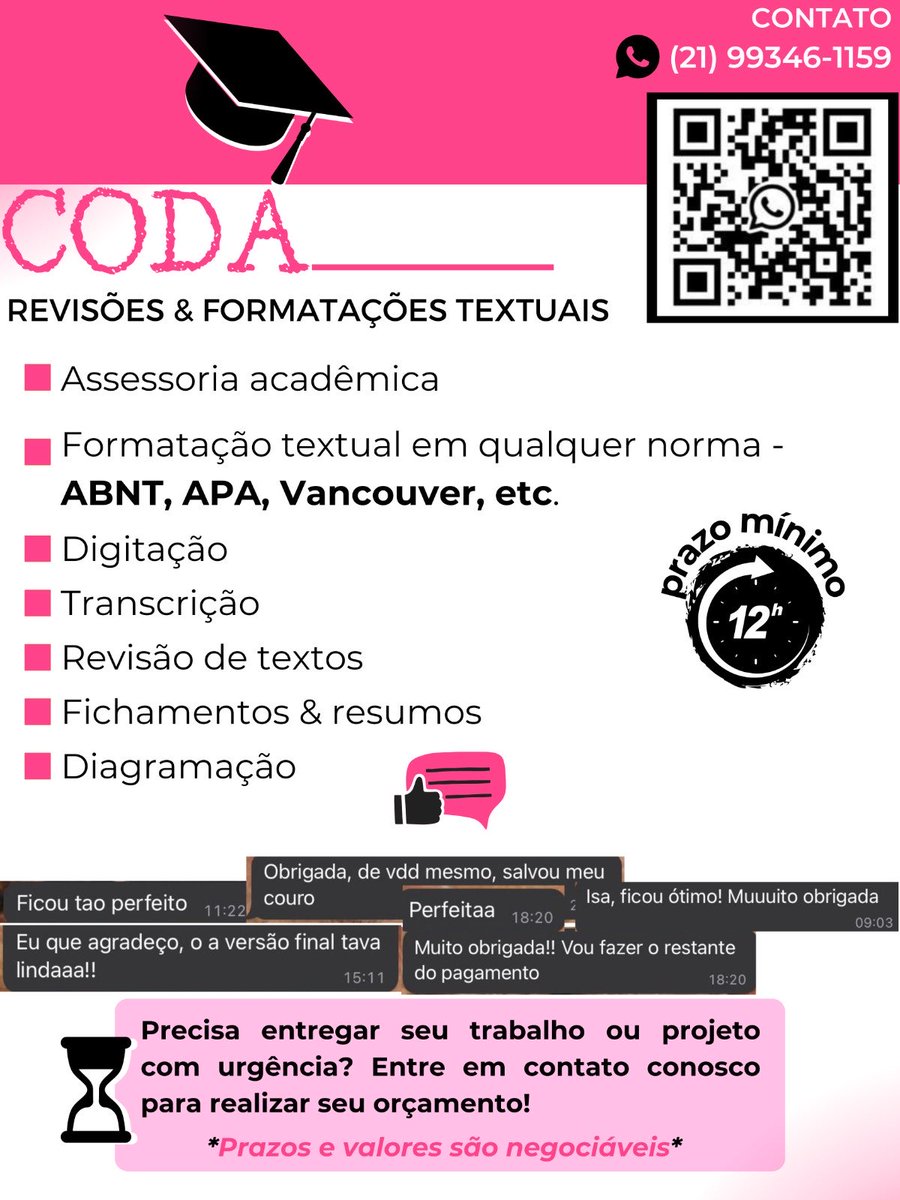 Codaajuda's tweet photo. Formatação de TCC? 
Revisão textual de artigo pra publicação? 
Quer inserir uma tabela e não consegue? 
Precisa formatar o artigo em Vancouver? 

Chama que a Codá Ajuda! https://t.co/0kDoPAHYI1