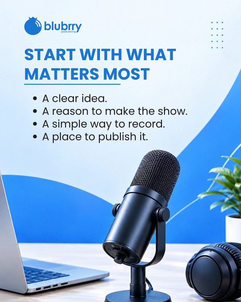 blubrry's tweet photo. A lot of podcasts stay ideas because starting feels bigger than it really needs to be.

You may think you need the perfect name, branding, equipment, format, and content plan before you publish anything.

You do not.

Your first setup only needs to help you take the first real step.

You can refine your format later. Improve your workflow later. Add better equipment later.

What matters now is turning the idea into something you can actually publish.

Start simple. Build from there.

Explore podcast hosting at https://t.co/JvehMioc8M.

You own your show. We make it easy to optimize.

#StartAPodcast #PodcastTips #PodcastHosting #Blubrry