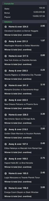 A betting slip with 11 NBA basketball picks, mostly focusing on Home and Away wins plus over/under totals, with stakes showing Stake of 100.00, Bonus of 6,553,045.68, and Payout of 19,608,137.04. The image relates to the post by showcasing the ticket that the poster is claiming yields "378k ODDS" and a 200 million payout.