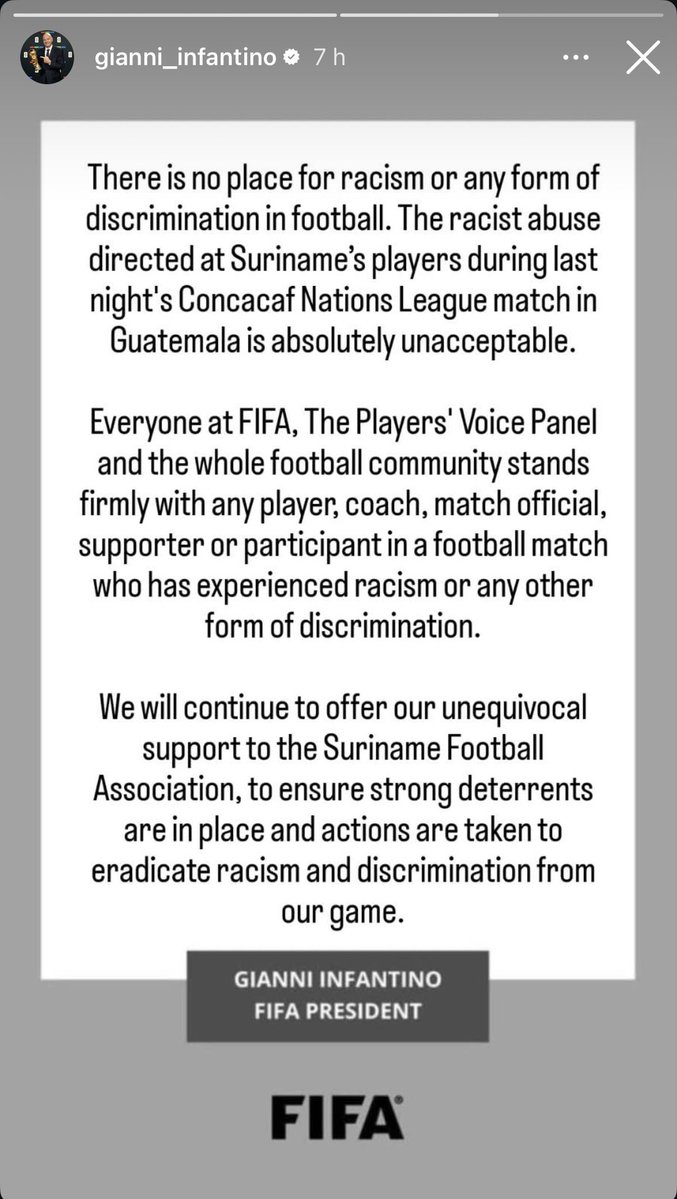 albodoom's tweet photo. ¿Por qué Infantino no se pronunció así en Qatar 2022 por los cánticos racistas e imitaciones de mono que SÍ existieron contra jugadores franceses? En Guatemala jamás hubo cánticos de ese tipo. Pero ahora sí toma partido. Qué descaro, @FIFAcom @FIFAWorldCup https://t.co/ZdVRS6stwc https://t.co/0kgLiJHsvi