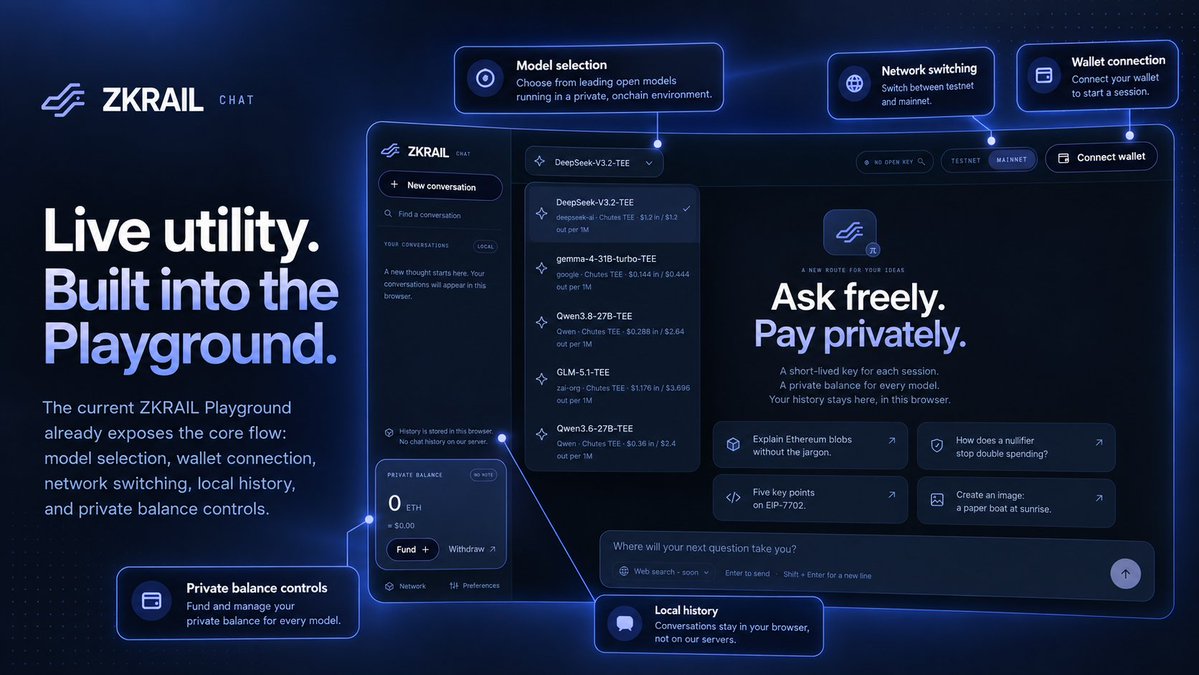 zkrailapp's tweet photo. ZKRAIL Playground already exposes the core utility in one place:

- Model selection.
- Wallet connection.
- Testnet/mainnet switching.
- Browser-local history.
- Private balance controls.

This is the product flow, live today.

🌐 Website: https://t.co/qfoMglEA0O

#ZKRAIL #Playground #Privacy