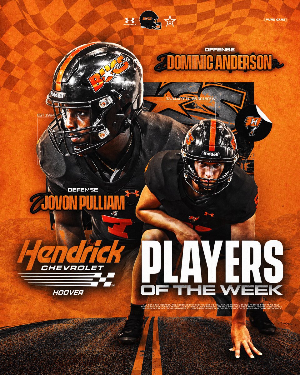 BucsFootball's tweet photo. 🏈🔥 Your Hendrick Chevrolet Hoover Players of the Week!

Offense: Dominic Anderson
Defense: Jovon Pulliam

#GoBucs #HooverFootball #PlayersOfTheWeek #BucNation https://t.co/6NqGfwUx0u