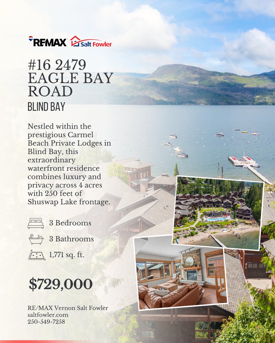 SaltFowlerBC's tweet photo. π‘ Nestled within the prestigious Carmel Beach Private Lodges, this exceptional residence offers approximately 4 private acres, 250 feet of waterfront frontage.
π 16 2479 Eagle Bay Road
π² $729,000
#JustAddSalt #SaltFowler #RemaxVernon #RealEstate https://t.co/j1JPiAKbBp