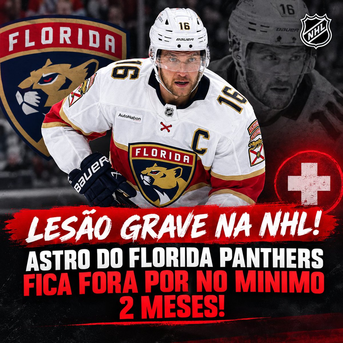 InsidetheLigas's tweet photo. LESÃO GRAVE NA NHL! ASTRO DO FLORIDA PANTHERS FICA FORA POR NO MINIMO 2 MESES!

O capitão do Florida Panthers, Aleksander Barkov, ficará afastado de 6 a 8 semanas devido a uma lesão na perna esquerda, mas não precisará passar por cirurgia. A informação oficial e o tempo estimado de recuperação por meio de reabilitação foram divulgados pelo técnico Paul Maurice. 

O central de 31 anos se machucou durante o segundo período da derrota por 4 a 3 na prorrogação contra o San Jose Sharks. Ele caiu de forma desajeitada após uma disputa de disco na borda da pista com o defensor Darnell Nurse, fazendo com que seu joelho esquerdo virasse de forma não natural.

Barkov foi colocado na lista de reserva de lesionados de longo prazo, o que já garantia uma ausência mínima inicial de 10 jogos ou 24 dias. Caso o cronograma se mantenha, a expectativa é que ele retorne ao gelo entre o final de novembro e o início de dezembro de 2026.

A franquia da Flórida confirmou que este problema na perna esquerda não tem qualquer ligação com as graves rupturas de ligamento (ACL e MCL) no joelho direito que fizeram o jogador perder toda a temporada anterior de 2025-26.