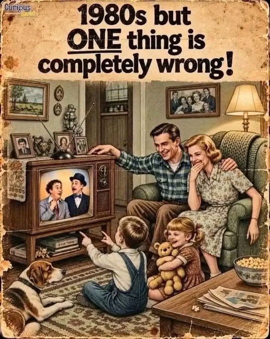 A vintage-style illustration titled '1980s but ONE thing is completely wrong!' depicting a family gathered around a television set in a cozy living room, with a dog, popcorn, and framed family photos in the background.