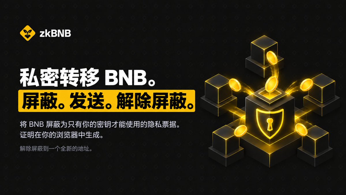 zkBNBx's tweet photo. zkBNB 屏蔽池让你私密地转移 BNB。将 BNB 屏蔽进只有你的密钥才能花费的私密票据中，发送到他人的屏蔽地址（zkbnb1…），或解除屏蔽转入任意钱包。

你的密钥来自用钱包签署一条消息，所有证明都在你的浏览器中生成。收获奖励、持币者奖励和捐赠可以直接进入屏蔽池。

屏蔽和解除屏蔽仍然是公开的：转入的钱包和金额，转出的接收地址和金额。保持私密的是哪张票据支付了什么。请解除屏蔽到一个全新的地址。