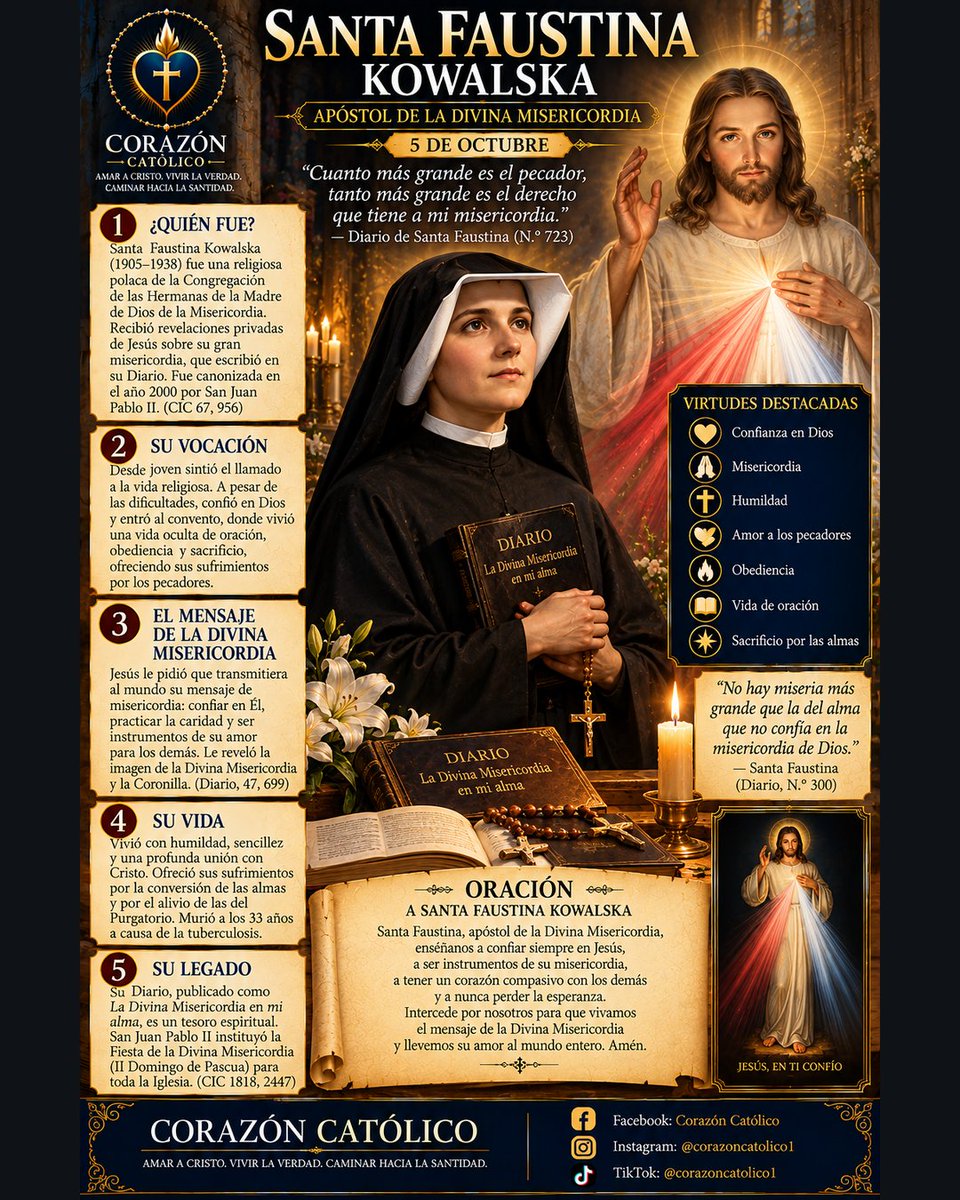CorazonCatolic0's tweet photo. Una monja polaca escribió en secreto un diario: Jesús le pedía confiar en Su misericordia infinita. Hoy el mundo entero reza: "¡Jesús, en Ti confío!" 🙏

#SantaFaustina #CorazonCatolico #FeCatolica #DivinaMisericordia #FYP https://t.co/VMJwRpNGVR