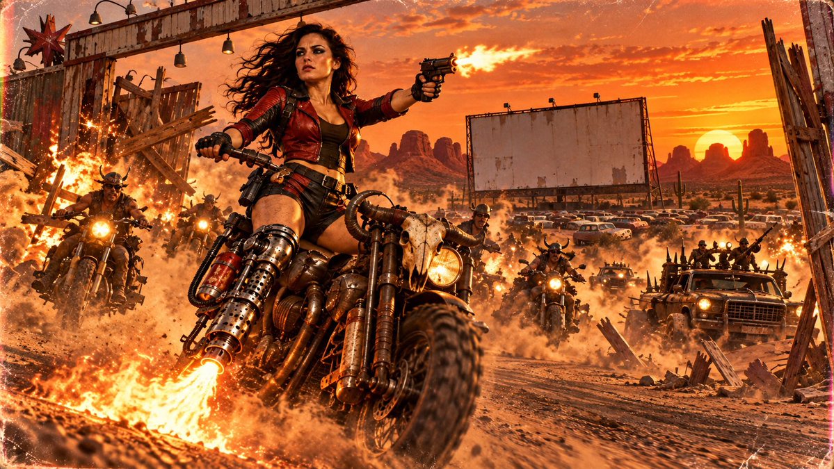 hansgruberhitit's tweet photo. Film 2: Planet Terror III: Desert Hell Ride
A buried DC-2 lab cracks open beneath the Sonoran Desert. Cherry Darling gets a flamethrower leg, rides with Pistolero, and burns a path to an abandoned Phoenix drive-in.
#GrindhouseVerse #PlanetTerror #CherryDarling #Pistolero https://t.co/ywmDCNLSFX
