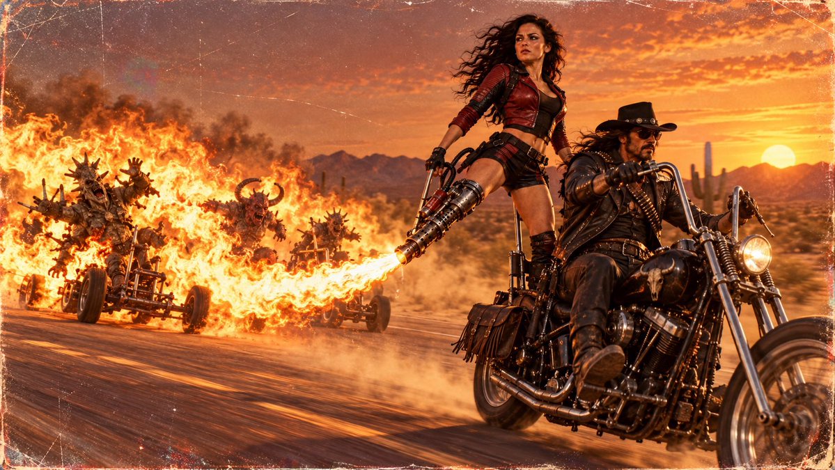 hansgruberhitit's tweet photo. Film 2: Planet Terror III: Desert Hell Ride
A buried DC-2 lab cracks open beneath the Sonoran Desert. Cherry Darling gets a flamethrower leg, rides with Pistolero, and burns a path to an abandoned Phoenix drive-in.
#GrindhouseVerse #PlanetTerror #CherryDarling #Pistolero https://t.co/ywmDCNLSFX