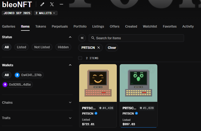 A screenshot of the bleoNFT platform showing an 'Items' tab with two listed PRTSCN NFT items priced at $722.61 and $997.03, filtered by the wallet '0x4341...274b'.