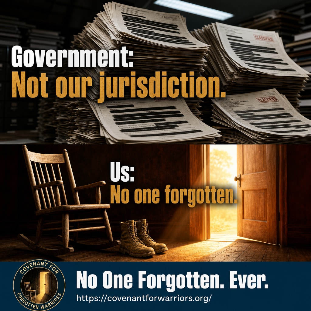 CFWarriorsOrg's tweet photo. State Dept says it's not them.

The DoD points to the VA.

The VA says it's out of their hands.

While the government passes the buck under mountains of redacted paperwork, families are left waiting.

We don't do red tape.

We do action.

That empty rocking chair and those worn… https://t.co/GNAf9uCWdc
