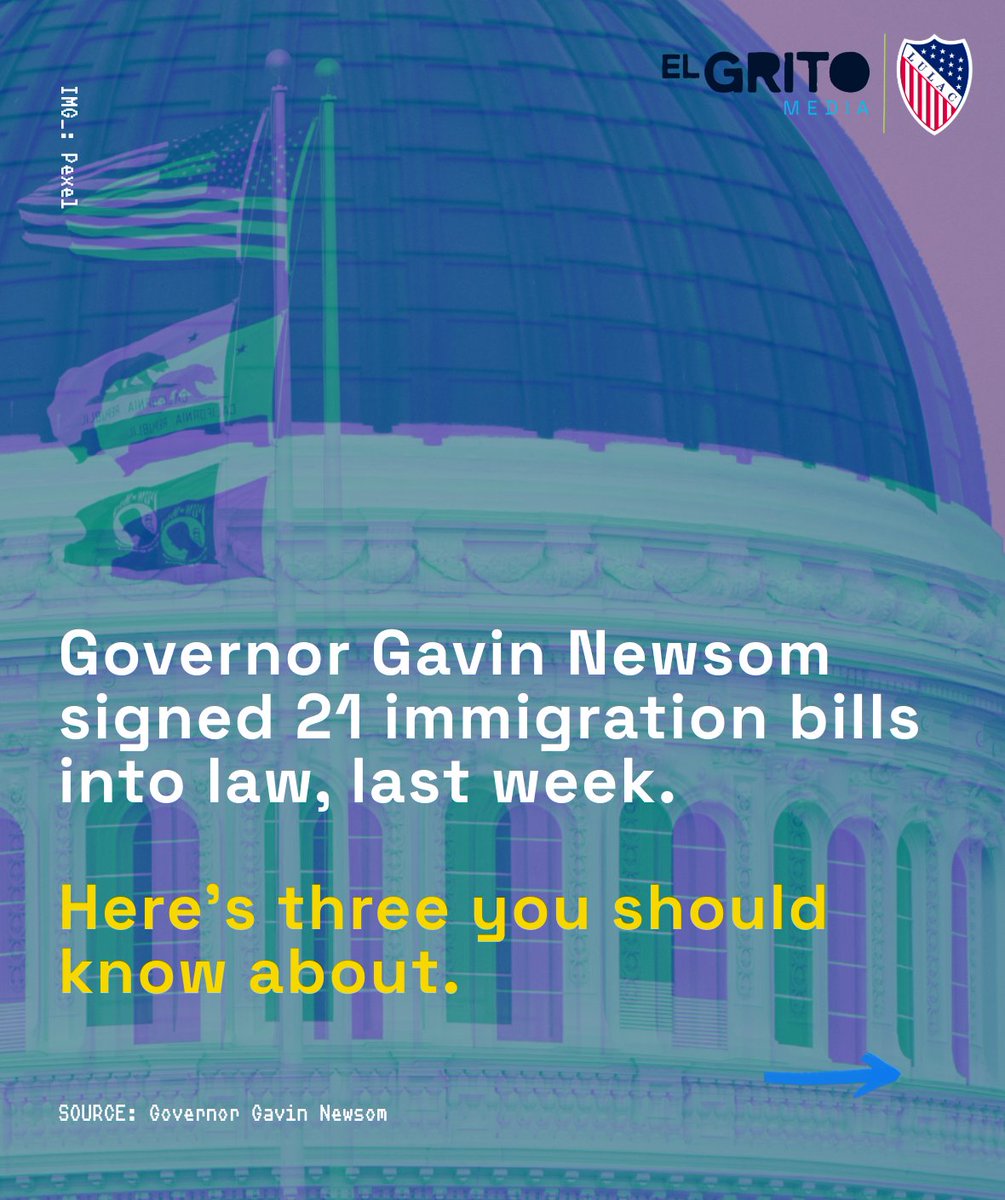 LULAC's tweet photo. California Governor Gavin Newsom signed 21 immigration bills into law. He said the legislation is designed to protect communities, strengthen public safety, and push back against Pres. Trump’s immigration enforcement. 

#CA #Newsom #Tax #Immigration https://t.co/kpnkEzePYh