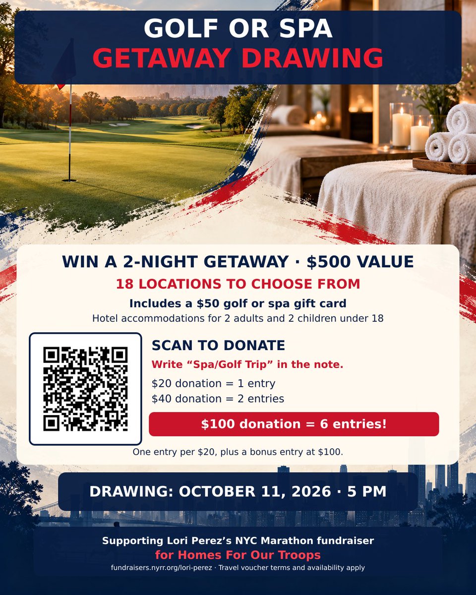 TheOtherLori's tweet photo. If you donate $20 you will be entered into a drawing for a 3 day 2 night trip to one of 18 destinations, with a $50 credit toward a round of golf or spa treatment. You do not need to be present to win. #runchat #hfot #NYCmarathon https://t.co/lNh0xg8OZO