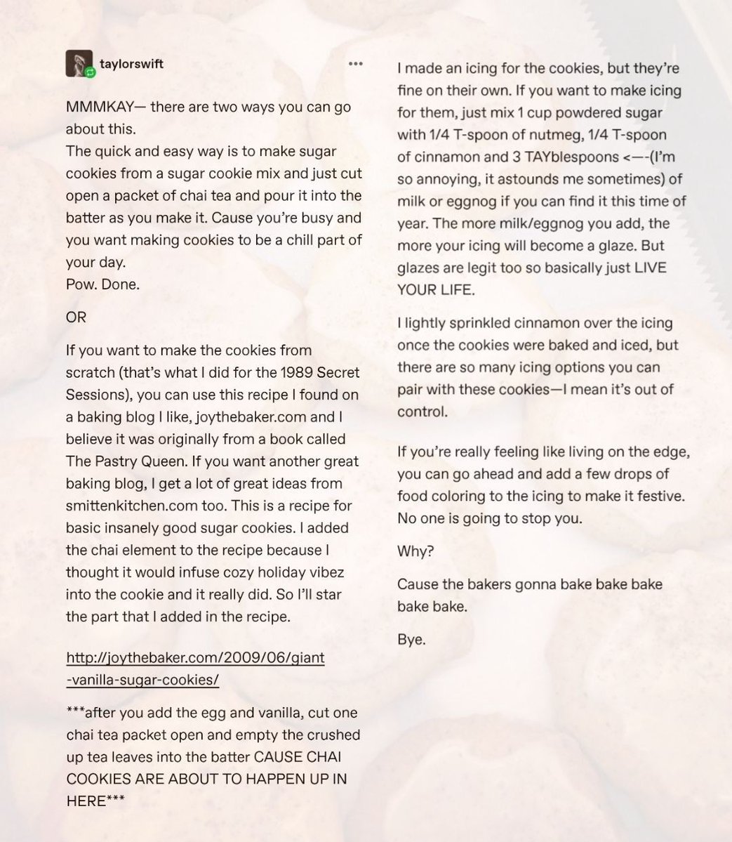 TheSwiftSociety's tweet photo. Throw🔙| 12 years ago today, Taylor Swift shared the recipe for her "chai sugar cookies" on Tumblr. https://t.co/qC5iFNEn1K