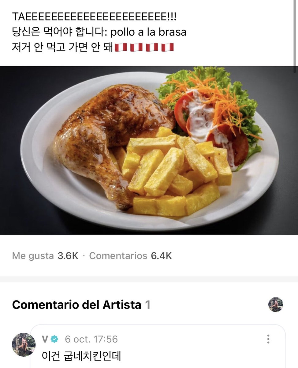 ARMYForce_Peru's tweet photo. 💜: ¡TAEEEEEEEEEEEEEE! Tienes que probar el pollo a la brasa. ¡No puedes irte sin probarlo! 🇵🇪🇵🇪🇵🇪

🐻: Pero eso es Goobne Chicken https://t.co/n5Ctno4MeK