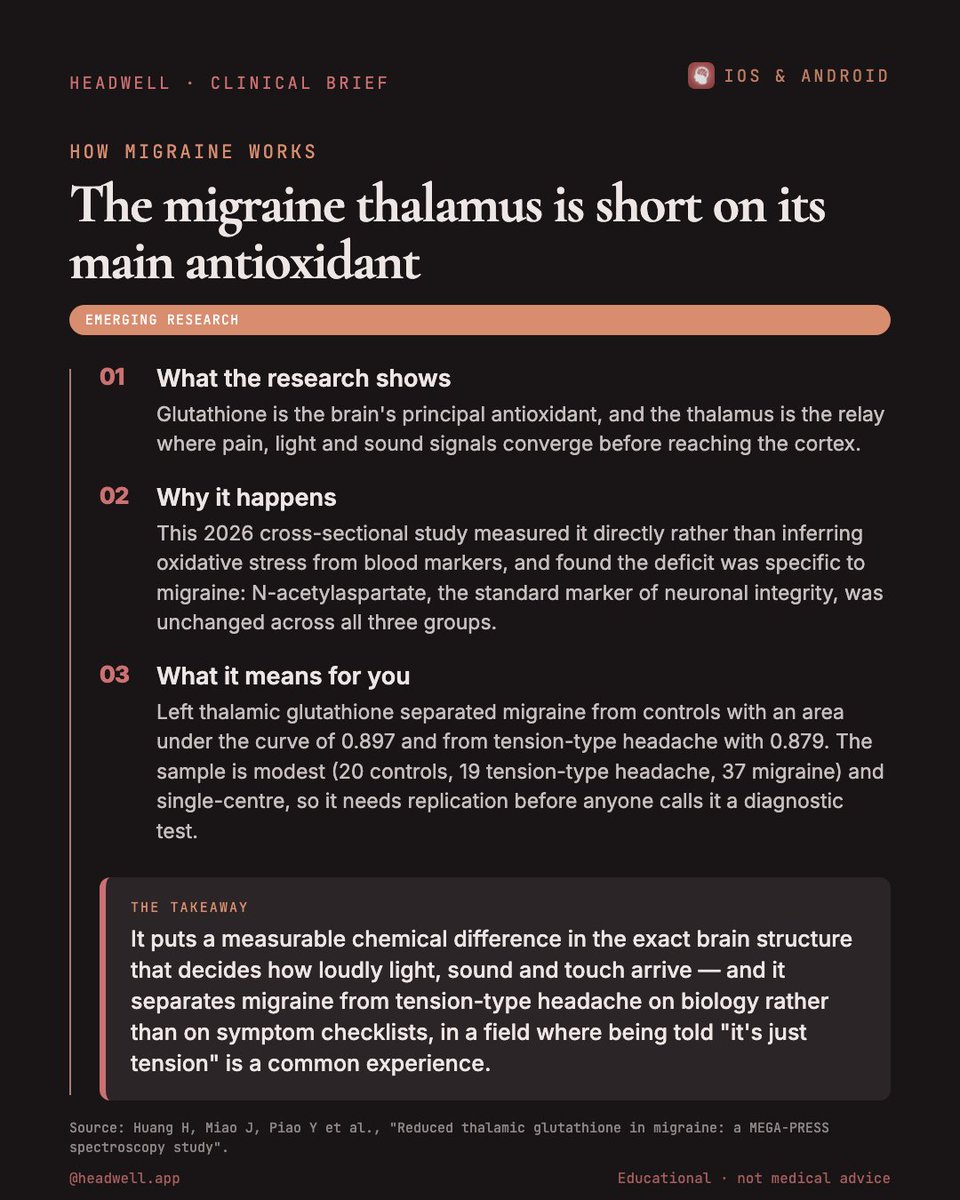 HeadWellApp's tweet photo. The migraine thalamus is short on its main antioxidant Using MEGA-PRESS spectroscopy at 3T in 76 people, left thalamic glutathione was 1.73 mM in migraine versus 2.07 mM in headache-free controls.

#migraine #chronicmigraine https://t.co/KHlFhJMKZS