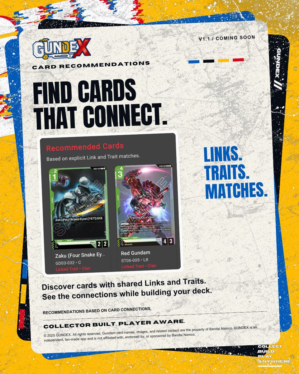 gundexapp's tweet photo. Find cards that connect.

GUNDEX V1.1 adds card recommendations based on shared Links and Traits while you build your deck.

See the connections. Decide what fits. https://t.co/cYQN9RMl4I