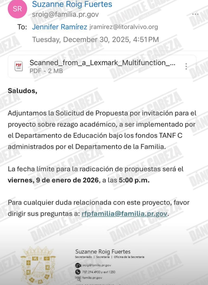 LeninPR's tweet photo. [EMAIL] Siguen saliendo cosas…

La propia Secretaria de la Familia envió un email invitando a una firma que no cualificaba para que licitara para el contrato que le adjudicaron a NOLA Education. 

El email fue enviado el mismo día que se abrió la convocatoria (30 diciembre 2025) para que sometieran propuesta en 10 días. Seis días después, la firma consultora que evaluó las “propuestas” rindió su informe favoreciendo a NOLA y 14 días después Roig le comunica a NOLA que fue escogida para la “adjudicación” del contrato.