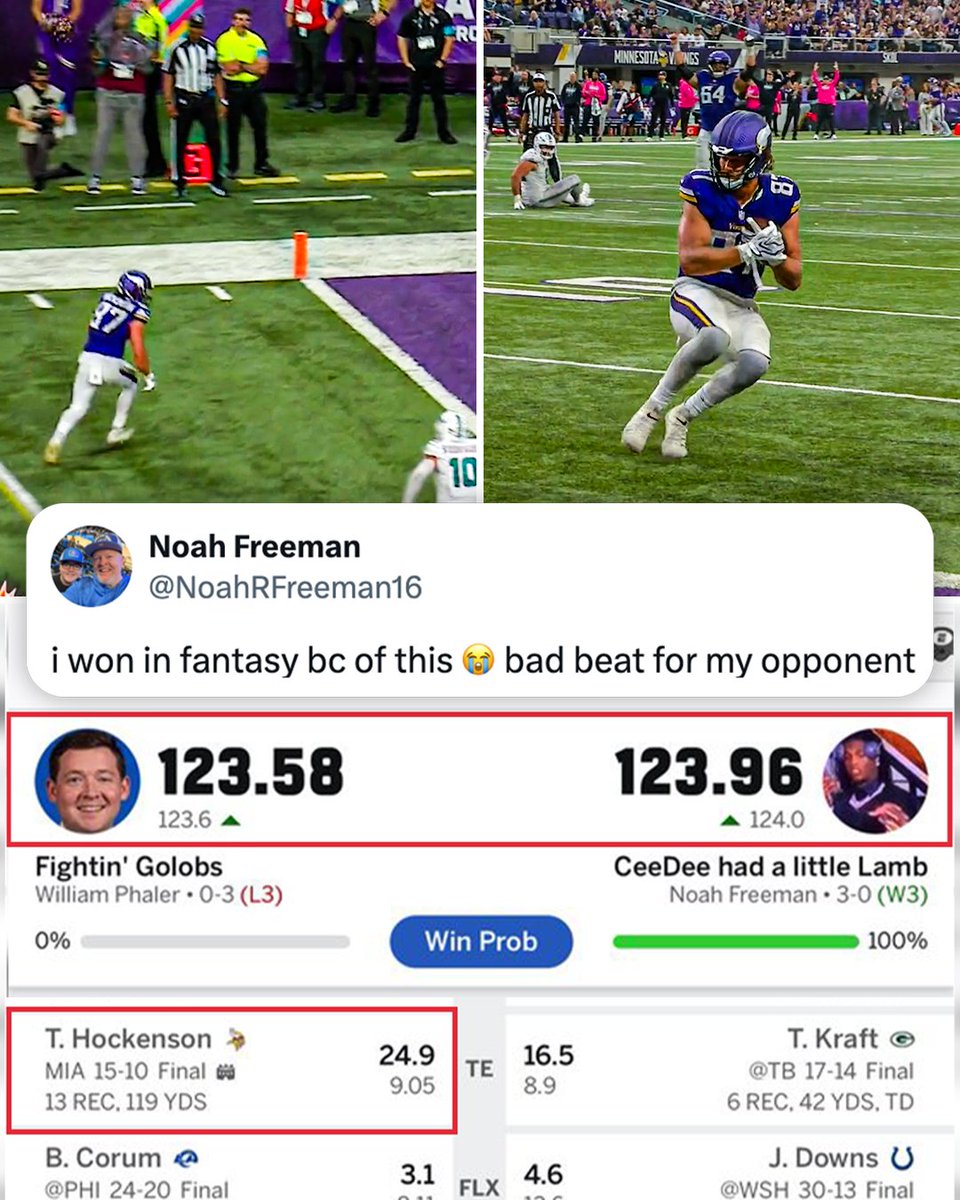 ESPNFantasy's tweet photo. Imagine losing by .38 after Hockenson gave up a touchdown 😬 https://t.co/5dJRzdu1ky