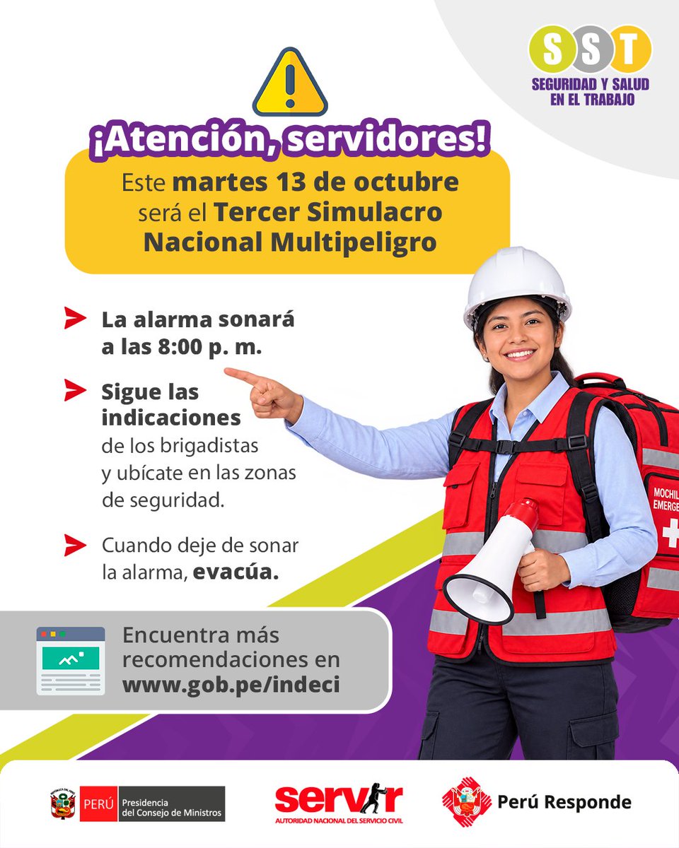 SERVIR_PERU's tweet photo. 👐 Participemos con responsabilidad y compromiso para actuar de manera oportuna ante cualquier emergencia.

😉 Únete a este III Simulacro Nacional Multipeligro 2026.
📆 Martes 13 de octubre
🕒 8:00 p. m.

🔗 Conoce más en https://t.co/0o5znna81H
#SimulacroNacional2026 https://t.co/ttN8QkDWMK