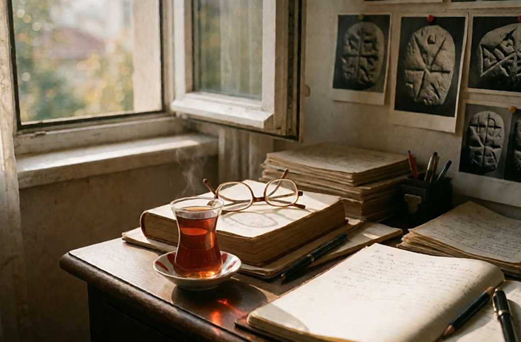 FaeraEmberfield's tweet photo. Sabahın ilk ışığı perde kenarında; çay daha sıcakken masaya dönüldüm. Eski bir tablet fotoğrafı ve yarım kalan not cümlesinde: 'Bu dilsiz taşıyan eli kim?' https://t.co/vqX3oFoP3U