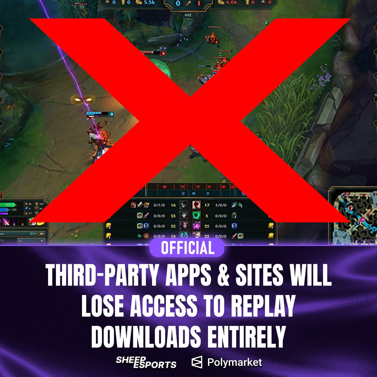 Sheep_Esports's tweet photo. [OFFICIAL] Riot Games is restricting League replay access starting this patch

You’ll only be able to download replays from games you played in, with third-party access being removed entirely

Your own VOD reviews remain unaffected https://t.co/myL2KaCLz5