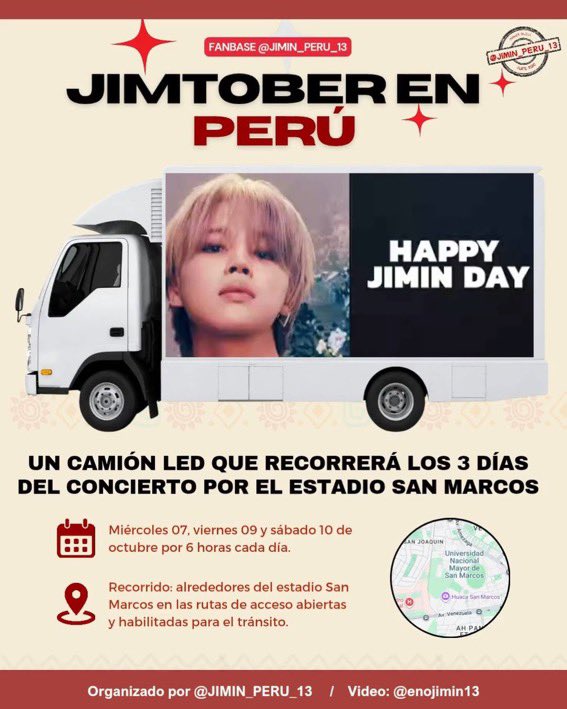 JiminGlobal's tweet photo. A special LED truck for Jimin will be driving around San Marcos Stadium in Lima for 3 days during the BTS concerts 🇵🇪💜

The truck will be playing 2 different videos celebrating Jimin!

🗓 Oct 7, 9 &amp; 10
📍 Around San Marcos Stadium, Lima https://t.co/ROCGr0AkOS