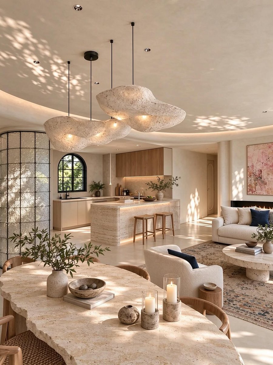 aurearch's tweet photo. It’s not just a home; it’s practically a sanctuary for the soul. I absolutely love the textures, the lighting, and that curved ceiling detail. https://t.co/vmT98RGcZd