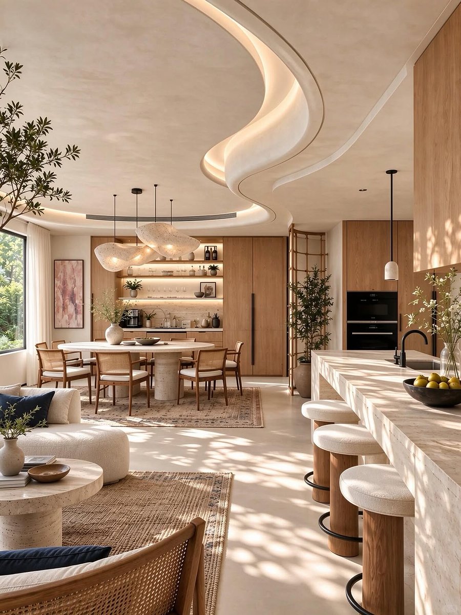 aurearch's tweet photo. It’s not just a home; it’s practically a sanctuary for the soul. I absolutely love the textures, the lighting, and that curved ceiling detail. https://t.co/vmT98RGcZd