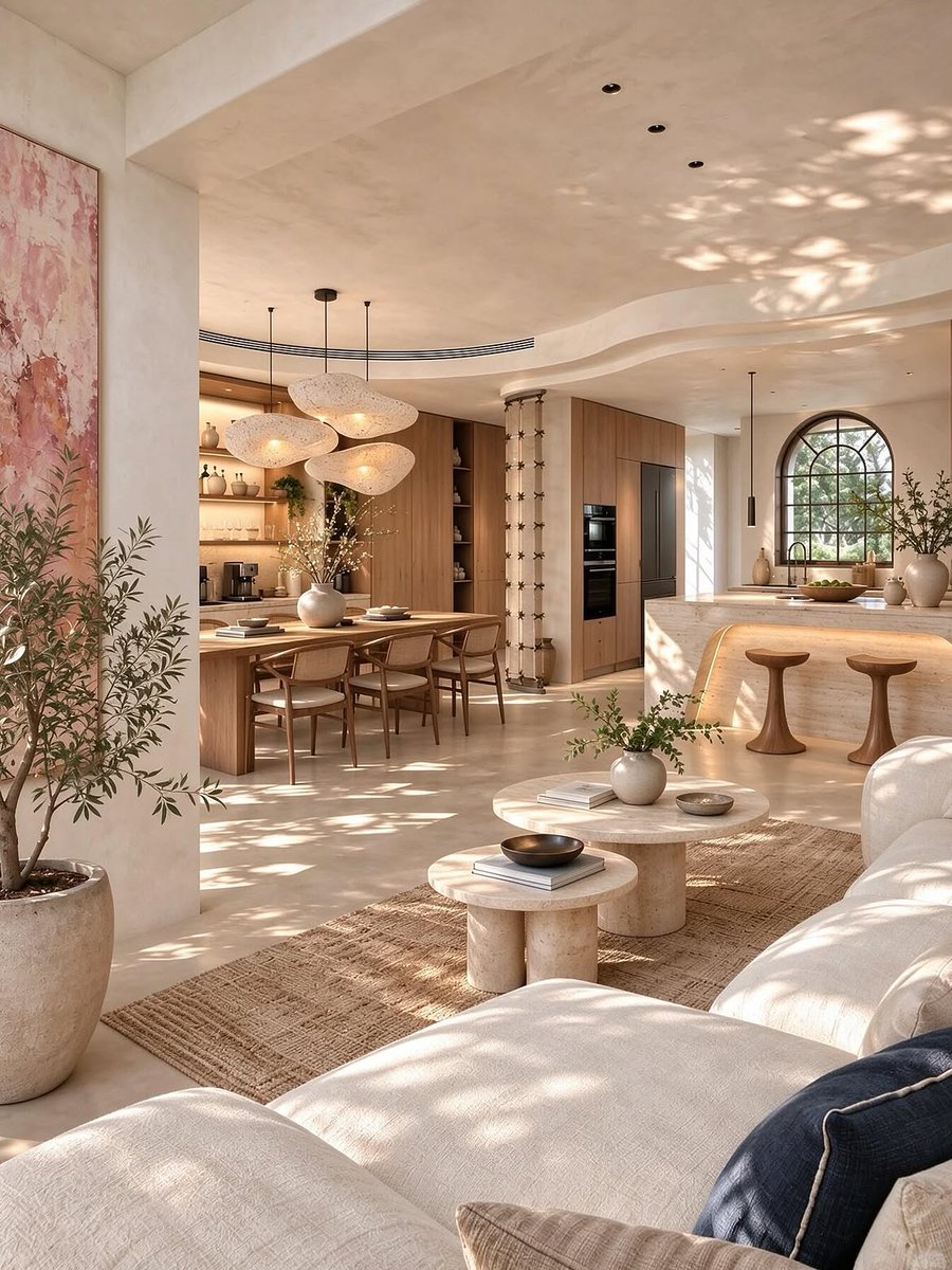 aurearch's tweet photo. It’s not just a home; it’s practically a sanctuary for the soul. I absolutely love the textures, the lighting, and that curved ceiling detail. https://t.co/vmT98RGcZd