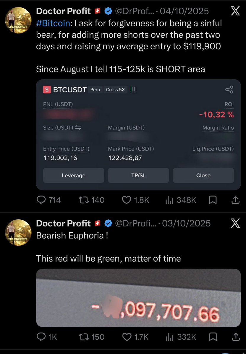 DrProfitCrypto's tweet photo. $BTC:

Exactly these days one year ago, Bitcoin was trading at the top around $124,000. I had sold every single coin I owned and was busy building a massive short position. I called for the crash, I called for the start of the bear market, and my target was $60,000.

Then October 10 happened. A day I will always remember. Altcoins losing up to 95% in one single day, the market getting completely destroyed within hours. The most brutal event I have ever witnessed, and at the same time one of the most profitable days of my trading career. While the market was bleeding, my shorts were printing.

Later, I closed all those shorts in the $60,000 region and started buying spot. Exactly the region I had been calling for since the top. I traded the move down and then positioned myself for the move up.

Now, one year later, I’m building shorts again between $86,500 and $89,500. Every pump into this region gives me another opportunity to add, and the largest orders are waiting between $88,000 and $89,500.

For more: https://t.co/Qx4dZU40Lk