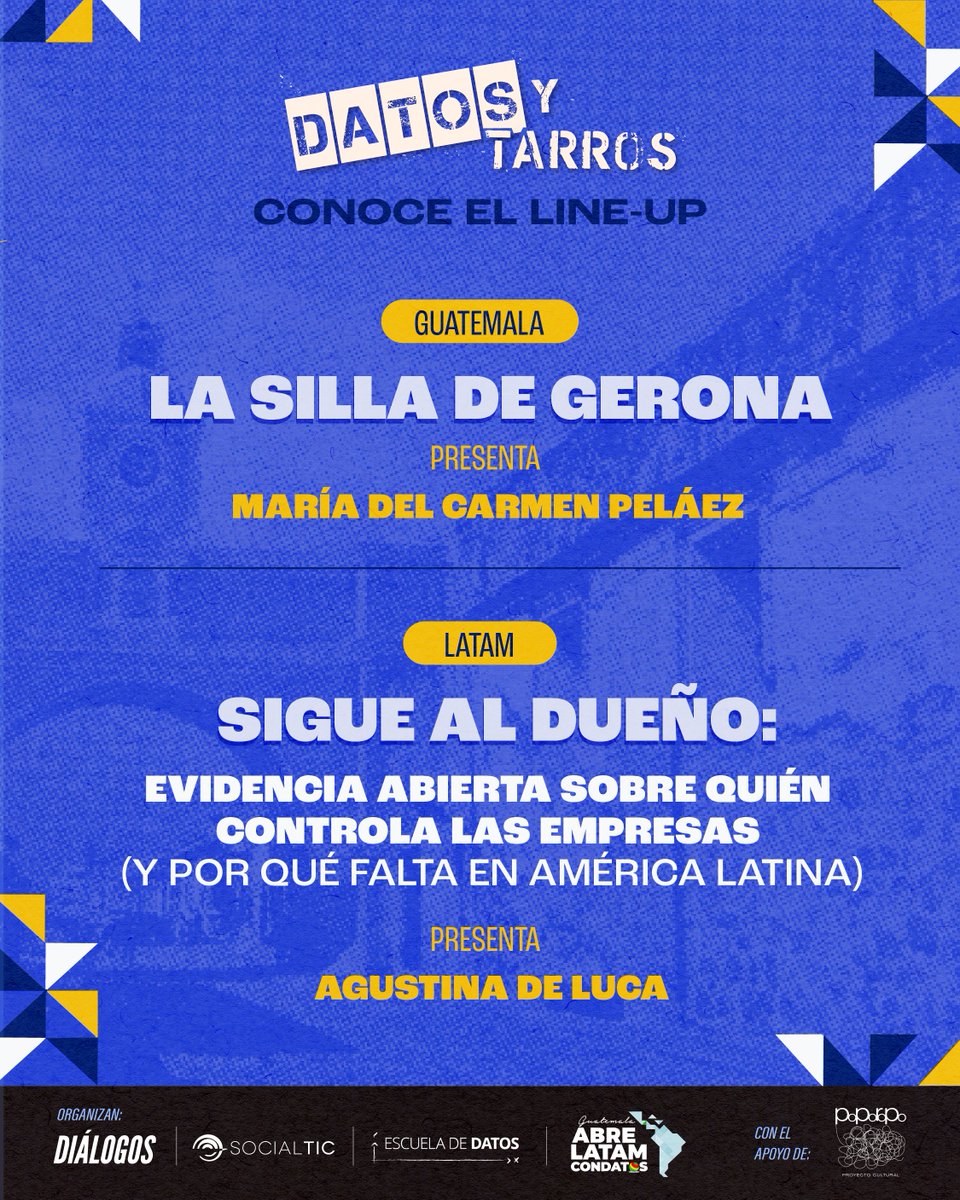 DialogosGuate's tweet photo. #DatosYTarros 🍻
🙌 Seis proyectos de la región vienen a mostrarnos qué pasa cuando alguien se toma en serio los datos abiertos, desde quién controla las empresas hasta dónde abrir un centro de cuidados.

📊 Conoce el line-up y a quienes presentan cada proyecto. Al terminar las presentaciones, la conversación sigue con un tarro en la mano. 🤩

📅 8 de octubre
⏰ 7:00 pm a 10:00 pm
📍 Lugar Proyecto Poporopo, zona 1
🎟️ Entrada libre, con registro previo
🔗 Aparta tu lugar aquí: https://t.co/coGXj95QjS

Una iniciativa de Diálogos, junto a @socialtic, @EscuelaDeDatos y @ABRELATAM @ConDatosLATAM. Con el apoyo de Proyecto Poporopo