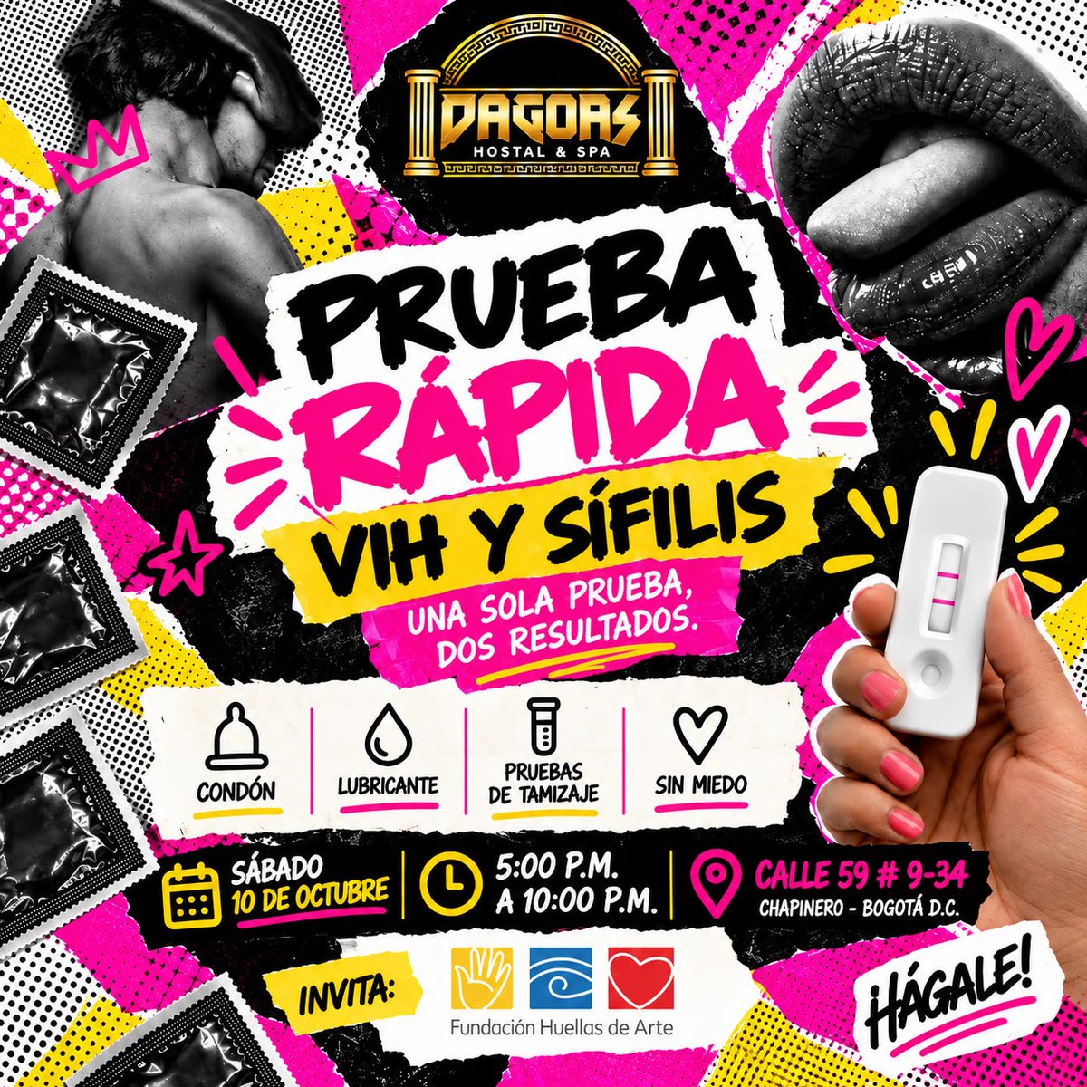 DagoasHostal's tweet photo. 🩸 Una prueba rápida, dos resultados. Cuidarse también hace parte del plan. ❤️

Este sábado 10 de octubre, recibimos en DAGOAS Hostal & Spa a la Fundación Huellas de Arte, que estará realizando jornada de pruebas rápidas de VIH y sífilis.

🧪 Prueba de tamizaje de VIH y sífilis
🛡️ Entrega de condones y lubricantes
⏰ De 5:00 p. m. a 10:00 p. m.
📅 Sábado 10 de octubre
📍 Calle 59 # 9-34 • Chapinero, Bogotá D.C.

Sin miedo, sin prejuicios. 💙
Infórmese, conozca su estado y disfrute con responsabilidad.

DAGOAS + Fundación Huellas de Arte
Un espacio para disfrutar, pero también para cuidarnos. 🫶