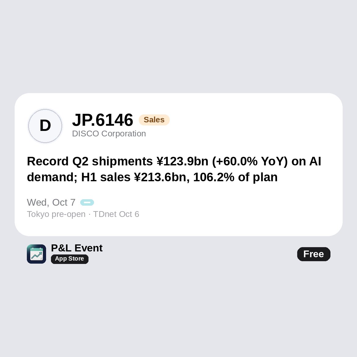 promptdora's tweet photo. JP.6146 Disco Jul–Sep shipments hit a quarterly record ¥123.9bn (+60.0% YoY, +6.4% QoQ), led by generative-AI demand. Q2 non-consolidated sales ¥118.5bn (+38.9%); H1 sales ¥213.6bn, 106.2% of its ¥201.1bn plan. Full Q2 results Oct 22. https://t.co/5aedEXISqq