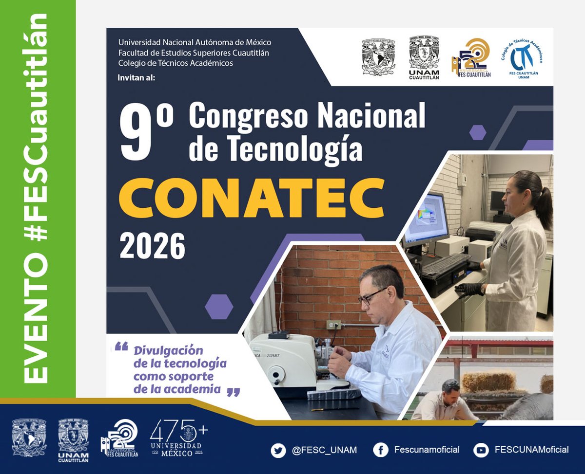 FESC_UNAM's tweet photo. 9º Congreso Nacional de Tecnología CONATEC.

🗓️ Del 14 al 16 de octubre de 2026
✅ Vía ZOOM y Facebook Live
🖱️ Visita: https://t.co/gnciG36GvN https://t.co/4yotwBZ62r