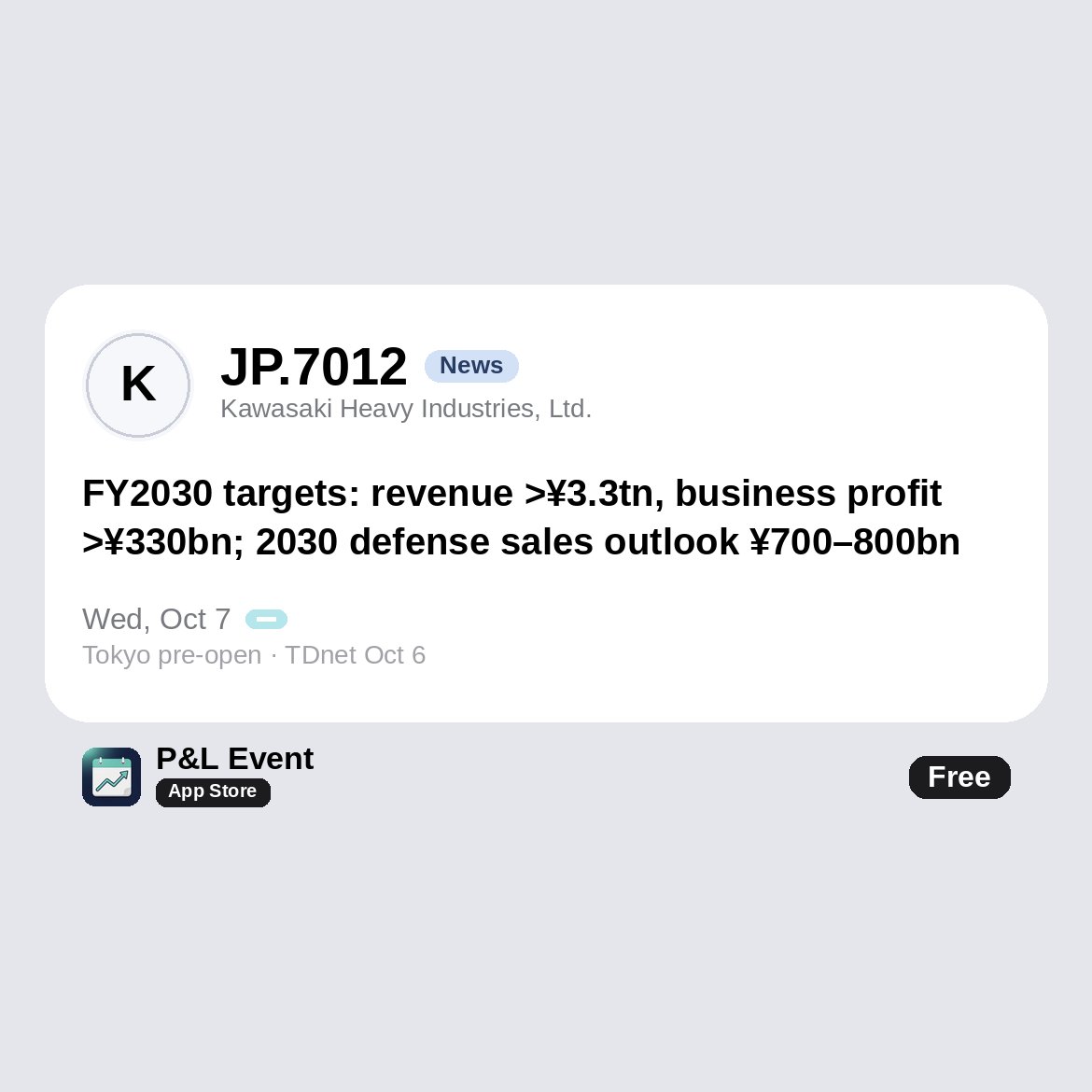 promptdora's tweet photo. JP.7012 Kawasaki Heavy targets FY2030 revenue above ¥3.3tn and business profit above ¥330bn (10%+ margin), vs ¥2.56tn / ¥180bn seen this year. Lifts 2030 defense sales outlook to ¥700–800bn (was ¥500–700bn); ~¥1.3tn FY27–30 cash plan. https://t.co/BQf81KCS6C