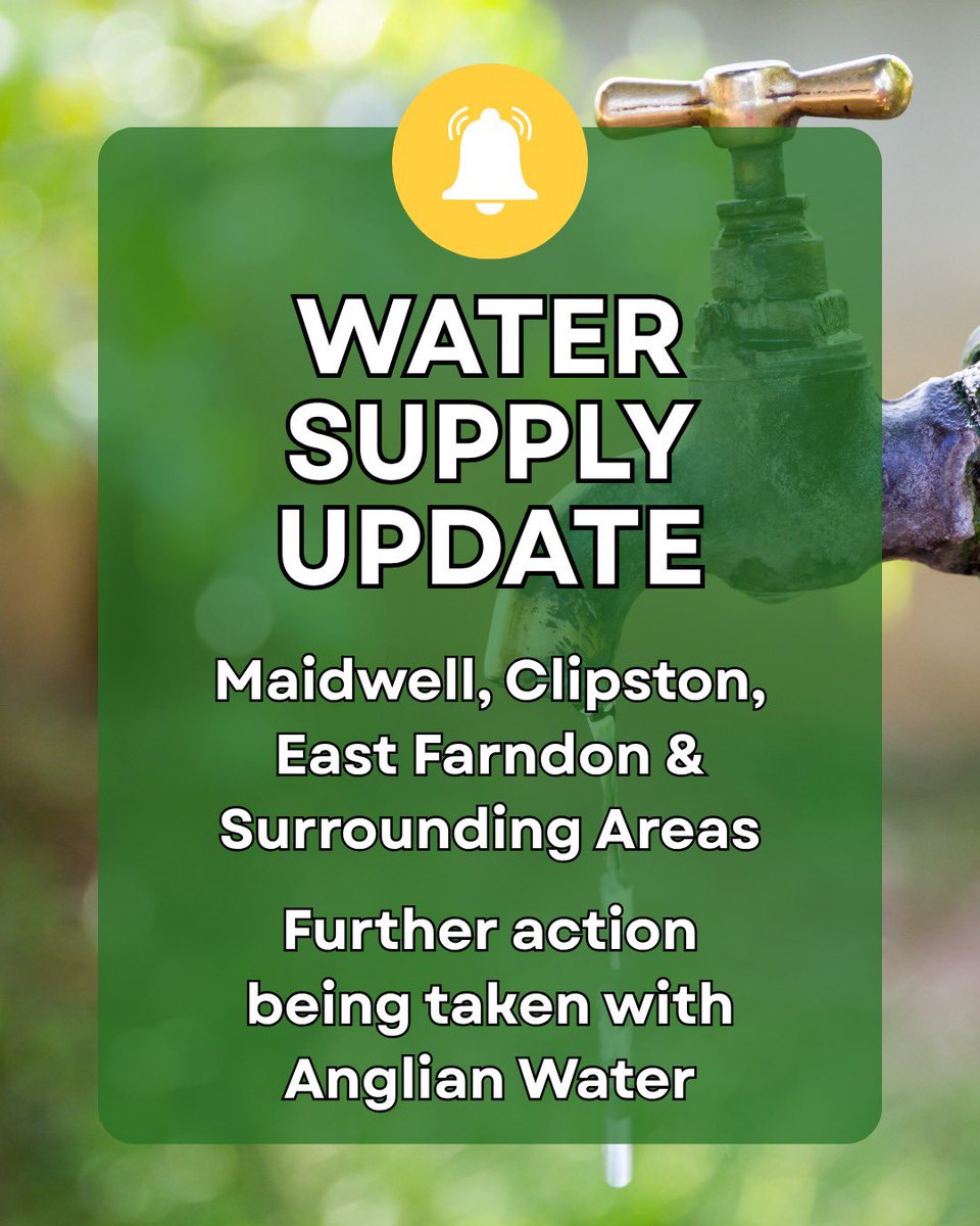 StuartAndrew's tweet photo. I know how frustrating it is for residents in East Farndon, Clipston, Maidwell and neighbouring villages to once again be experiencing problems with their water supply.

This is not the first time these communities have faced serious disruption this year, and I have continued to raise residents’ concerns directly with Anglian Water.

Following the problems this weekend, senior representatives from Anglian Water were in East Farndon this afternoon meeting residents face-to-face, including senior operational management. Bottled water has also been delivered, with further supplies being made available today for those who need them.

I have been receiving regular updates and have been in contact with Anglian Water’s Chief Executive. Once the immediate incident has been reviewed, I will be meeting senior representatives again to go through what has happened and, crucially, what needs to change to make the local network more resilient and prevent residents repeatedly finding themselves in this position.

I will also be arranging a further visit to East Farndon with Anglian Water and will keep residents updated.