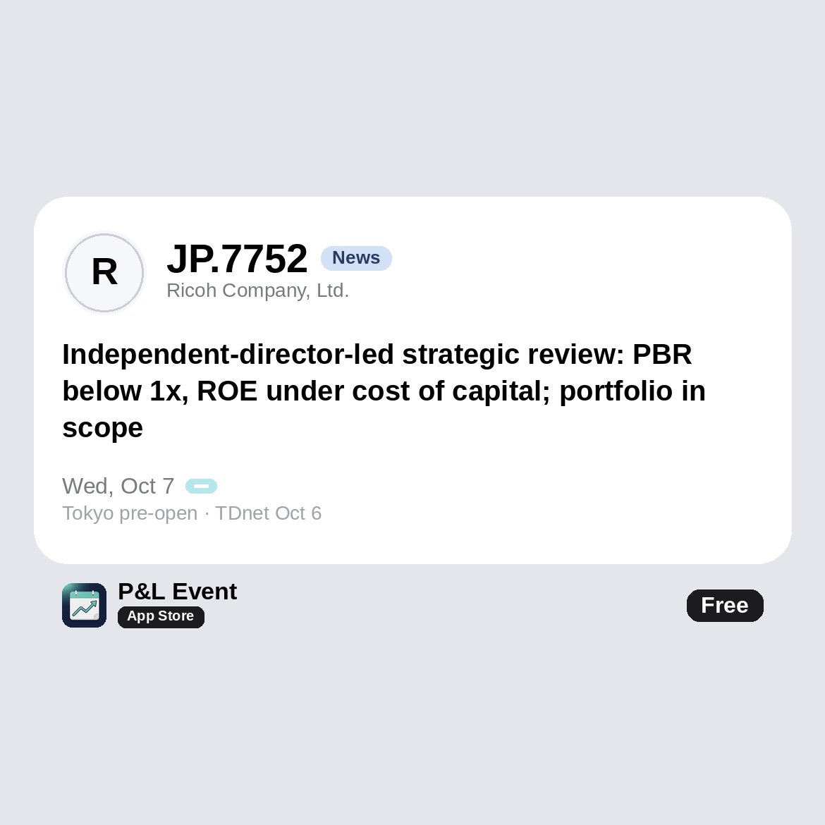 promptdora's tweet photo. JP.7752 Ricoh's board launches a strategic review led by its independent outside directors, citing missed financial targets, a long-running PBR below 1x, ROE under its cost of capital and TSR lagging TOPIX. Portfolio and capital policy in scope; no decisions yet. https://t.co/fvZvz16Pie