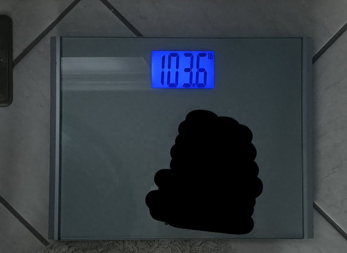 catliver_'s tweet photo. EEEK NEW LW YAY!! finally out of the 104s.. counting this as 103lbs since I had JUST eaten dinner and drank a full glass of water lol, scribbled out my reflection https://t.co/Afr5iwm0CD