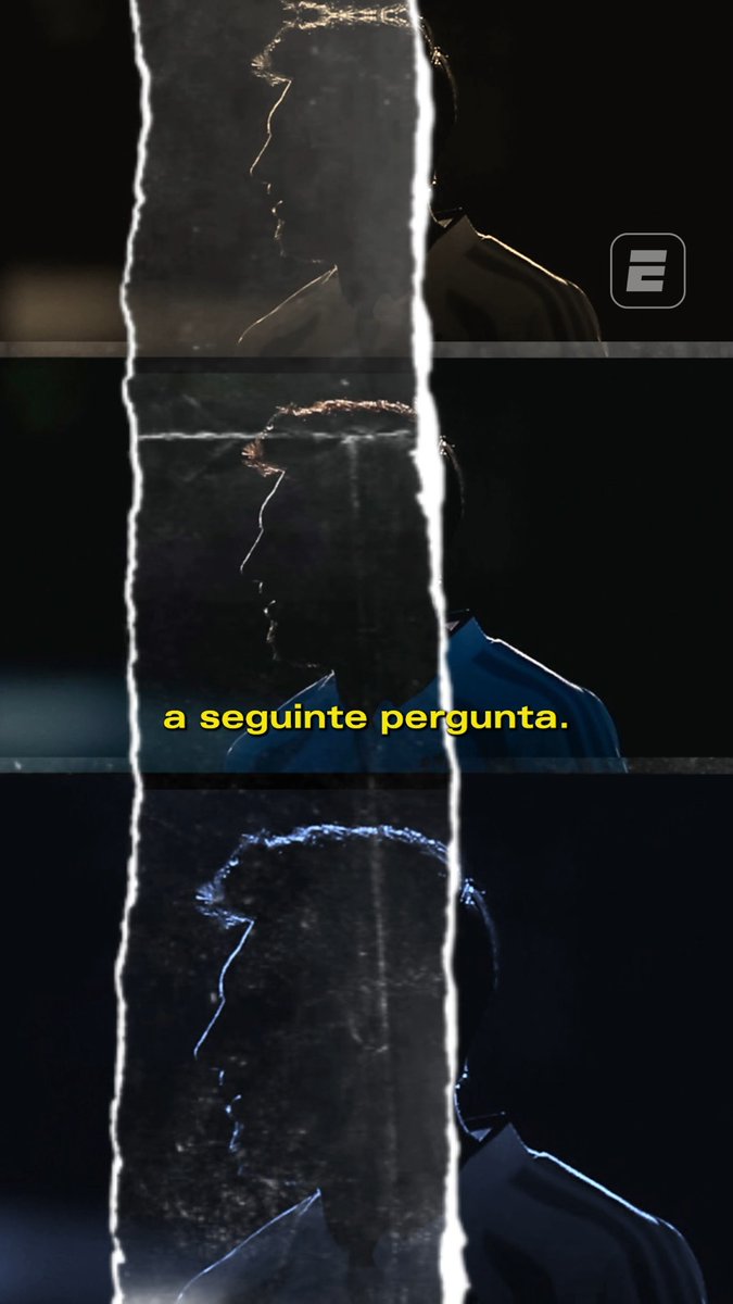 A moody, stylized image of Lionel Messi shown in three stacked vertical panels with backlighting outlining his profile, overlaid with the yellow Portuguese subtitle "a seguinte pergunta." and an ESPN logo in the corner. The dramatic lighting and presentation evoke the emotional tone of Rodrigo Rojas's farewell letter to Messi ahead of his final Argentina match.