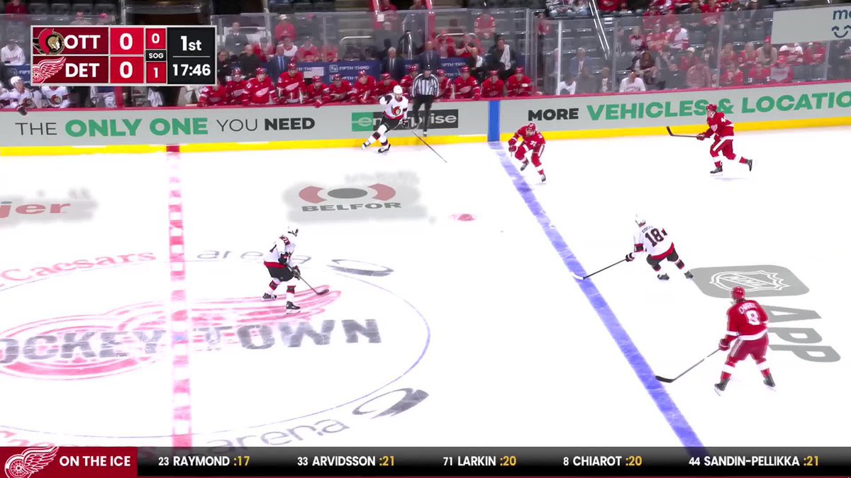 The image shows an NHL hockey game between the Ottawa Senators (OTT) and Detroit Red Wings (DET) at Little Caesars Arena, with the score tied 0-0 at 17:46 in the 1st period. Despite the boos mentioned in the caption, Red Wings captain Dylan Larkin is seen on the ice alongside teammates like Lucas Raymond (#23), William Nyquist, and Moritz Seider (#53), with the broadcast ticker confirming he's currently on the ice during this early scoreless matchup.