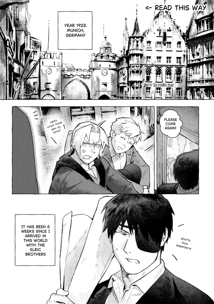 tomochingus's tweet photo. Beyond the Gate AU - Part 1
An universe where Roy Mustang crossed the gate to our world with the Elric brothers after the events of Conqueror of Shamballa. #fma #royai
(1/2) https://t.co/W03utNCnhC