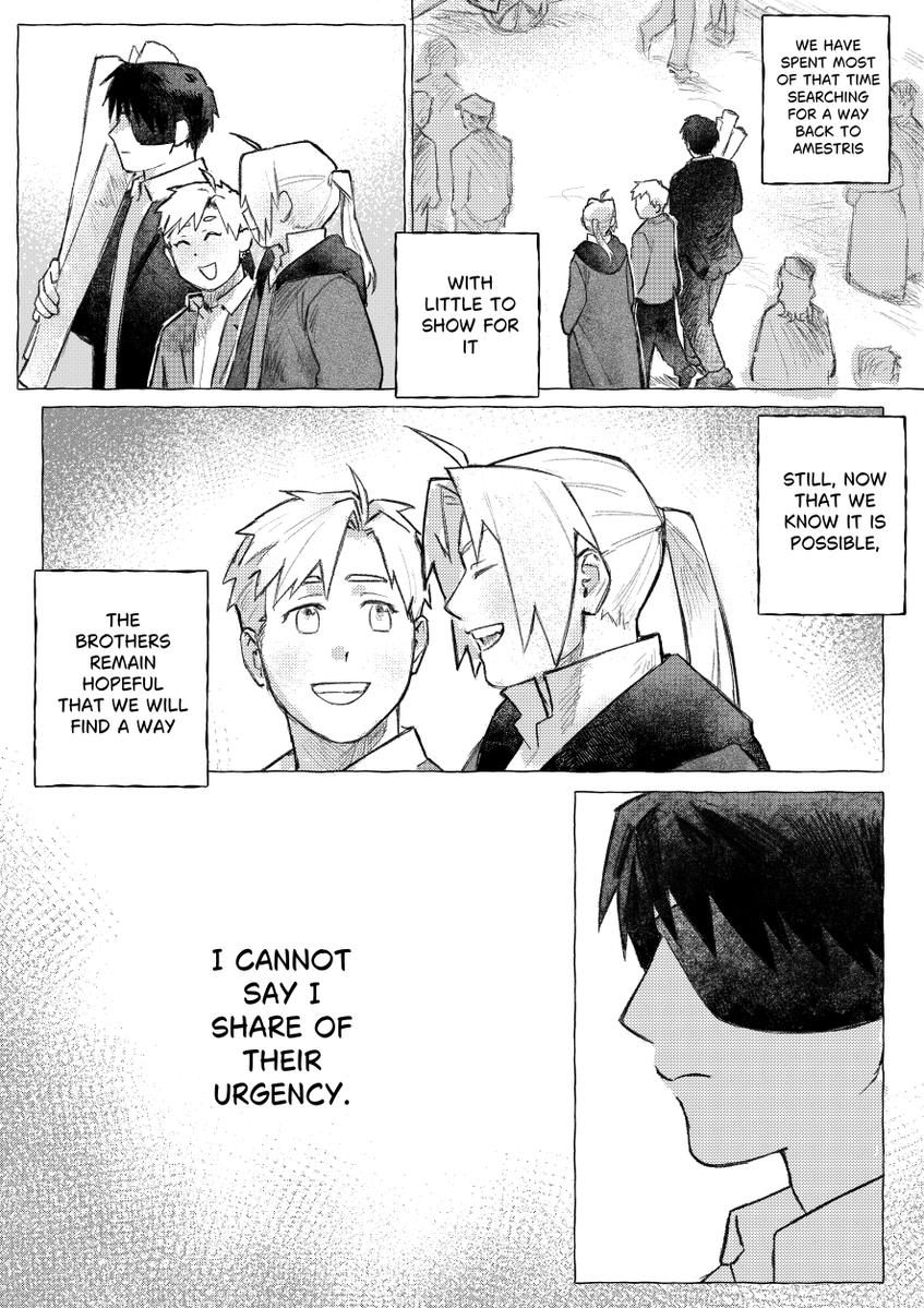 tomochingus's tweet photo. Beyond the Gate AU - Part 1
An universe where Roy Mustang crossed the gate to our world with the Elric brothers after the events of Conqueror of Shamballa. #fma #royai
(1/2) https://t.co/W03utNCnhC