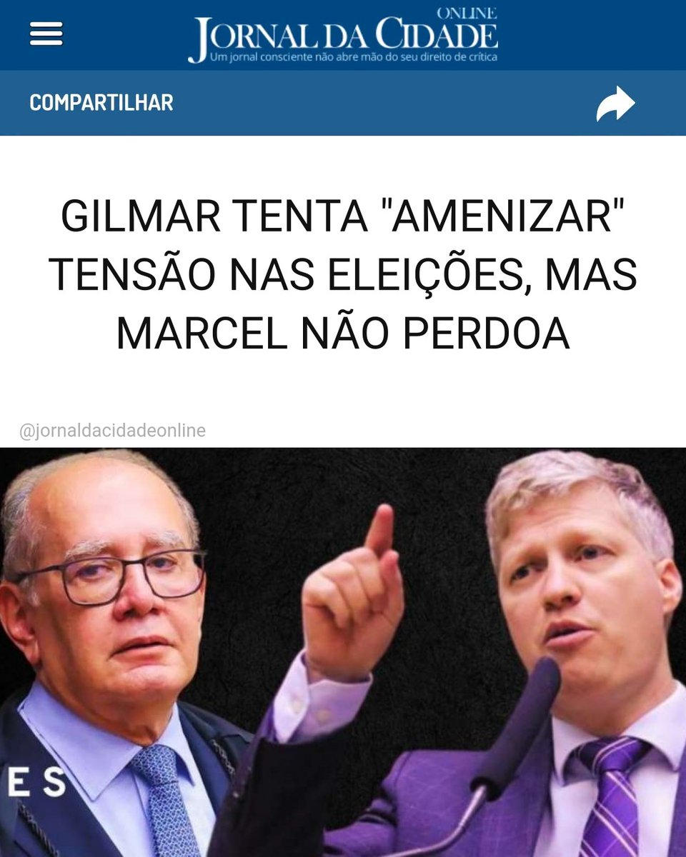 JornalDaCidadeO's tweet photo. GILMAR TENTA "AMENIZAR" TENSÃO NAS ELEIÇÕES, MAS MARCEL NÃO PERDOA

Gilmar Mendes tentou amenizar os ânimos e as tensões em um longo e inesperado texto no X. Enaltecendo a Justiça Eleitoral e reconhecendo o resultado das urnas, o decado do STF pegou todos de surpresa.

Porém, o povo não vai esquecer de tudo o que aconteceu até hoje.

O senador eleito Marcel van Hattem fez questão de responder o ministro:

"E no dia primeiro de fevereiro de 2027 começamos os trabalhos pelo seu impeachment e pelo de alguns de seus colegas. Democracia e instituições voltarão a funcionar plenamente."

Marcel foi além e citou as recentes inesperada decisões de Alexandre de Moraes:

"Alexandre de Moraes ficou bonzinho de repente? Que curioso... só digo uma coisa: pra corrupto de toga, SEM ANISTIA!

[...]

Quero ver se o Alexandre de Moraes agora vai também autorizar minha visita ao Filipe Martins, que ele proibiu antes das eleições. Bora, Alexandre de Moraes?

Ah, quero saber também se o PGR vai cancelar a denúncia que fez contra mim ao STF por discurso na tribuna. Bora, Gonet?"

Matéria do Jornal da Cidade Online