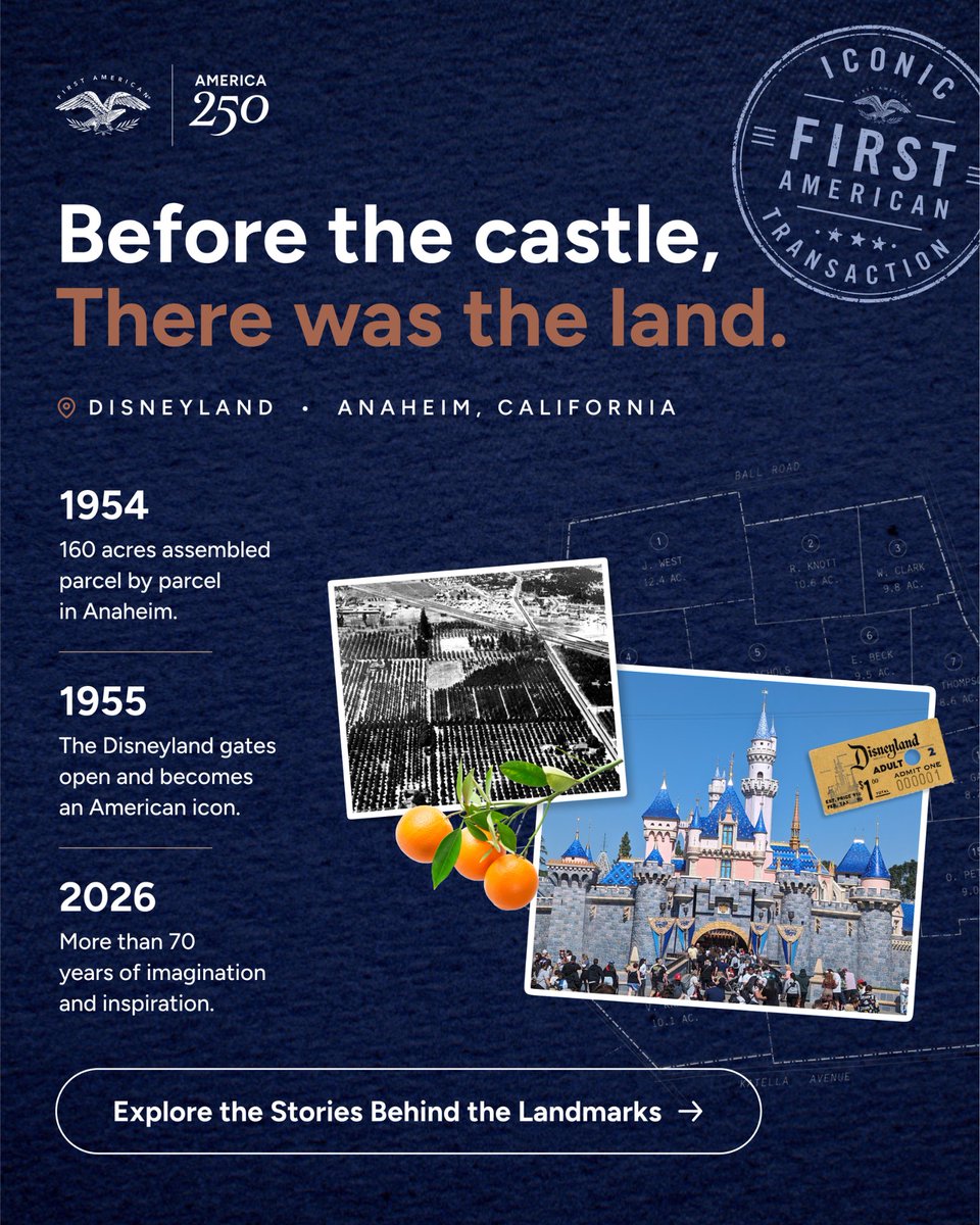 FirstAm's tweet photo. The land behind Walt Disney’s vision has an ownership story all its own. Explore how the Disneyland property came together, and ultimately became one of America’s most iconic destinations: https://t.co/GhOjxBsDj2 https://t.co/ikvfRvUr1g