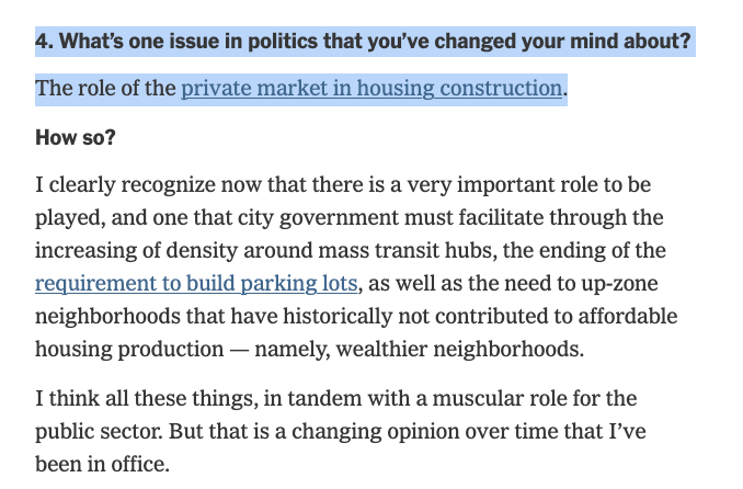 MattZeitlin's tweet photo. The New York TImes: What’s one issue in politics that you’ve changed your mind about?

Zohran Mamdani: The role of the private market in housing construction. https://t.co/LbzPW18zEu