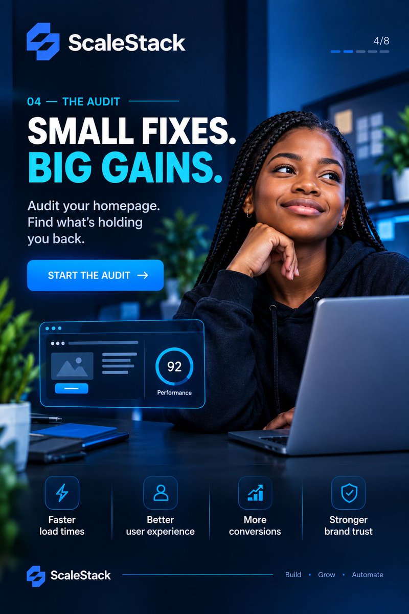 ScaleStack0's tweet photo. Your website shouldn’t just look good—it should make the next step obvious.

Clear message. Strong trust. Simple action.

Build with purpose. Grow with strategy.

#ScaleStack #WebDesign #CRO #DigitalMarketing https://t.co/retcKfjfgD